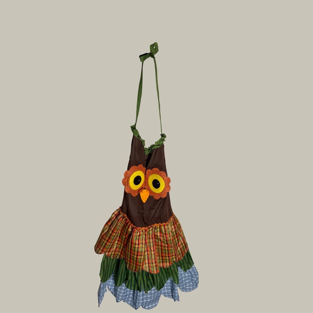 Owl Character Bib Apron Brown‎ Tiered Plaid Striped Ruffle Novelty Cottagecore